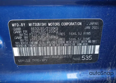 2020 Mitsubishi Eclipse Cross Es 1.5T Awc из США, поврежденный, VIN JA4AT3AA8LZ036372